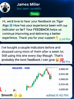 A member's chat message about having tried other indicators and still using this one, with a gold chart