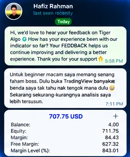 A member's chat message in Malay about needing less analysis as a beginner, with an account summary